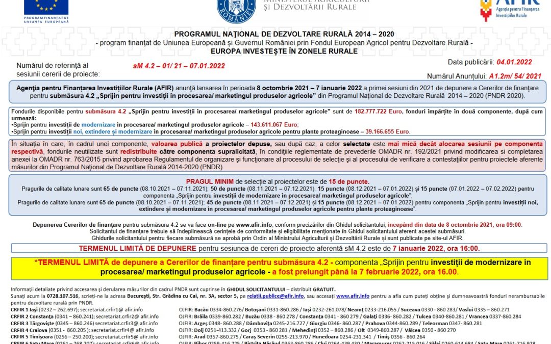 Termenul de depunere a proiectelor pentru investiții în procesarea produselor agricole a fost prelungit